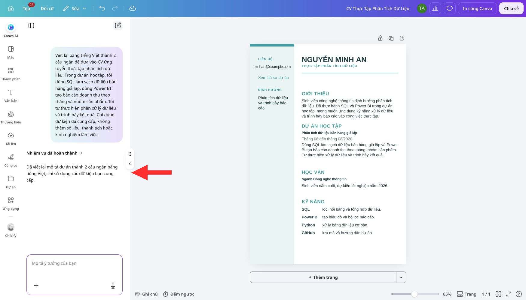 Canva AI rút gọn mô tả dự án từ dữ kiện đã cung cấp