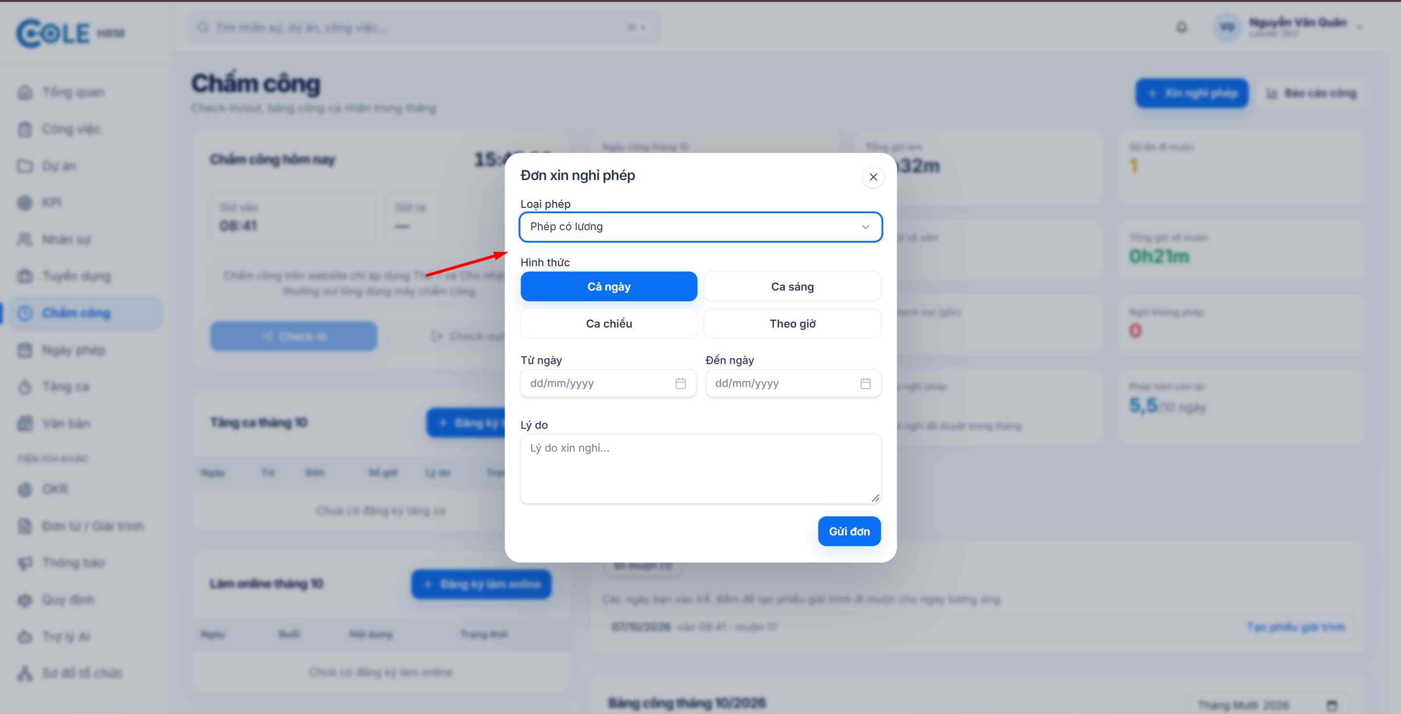 Form Tạo đơn đăng ký nghỉ phép mới