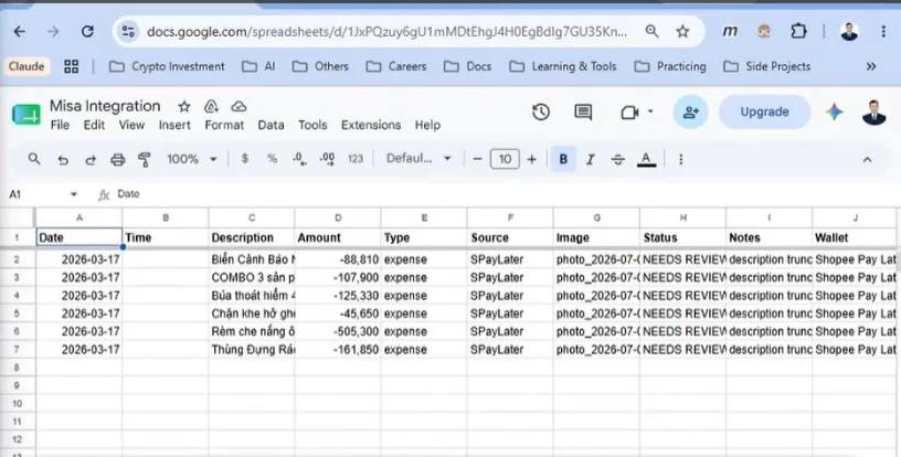 Giao diện bảng tính Google Sheets đóng vai trò Staging Area kiểm duyệt giao dịch.