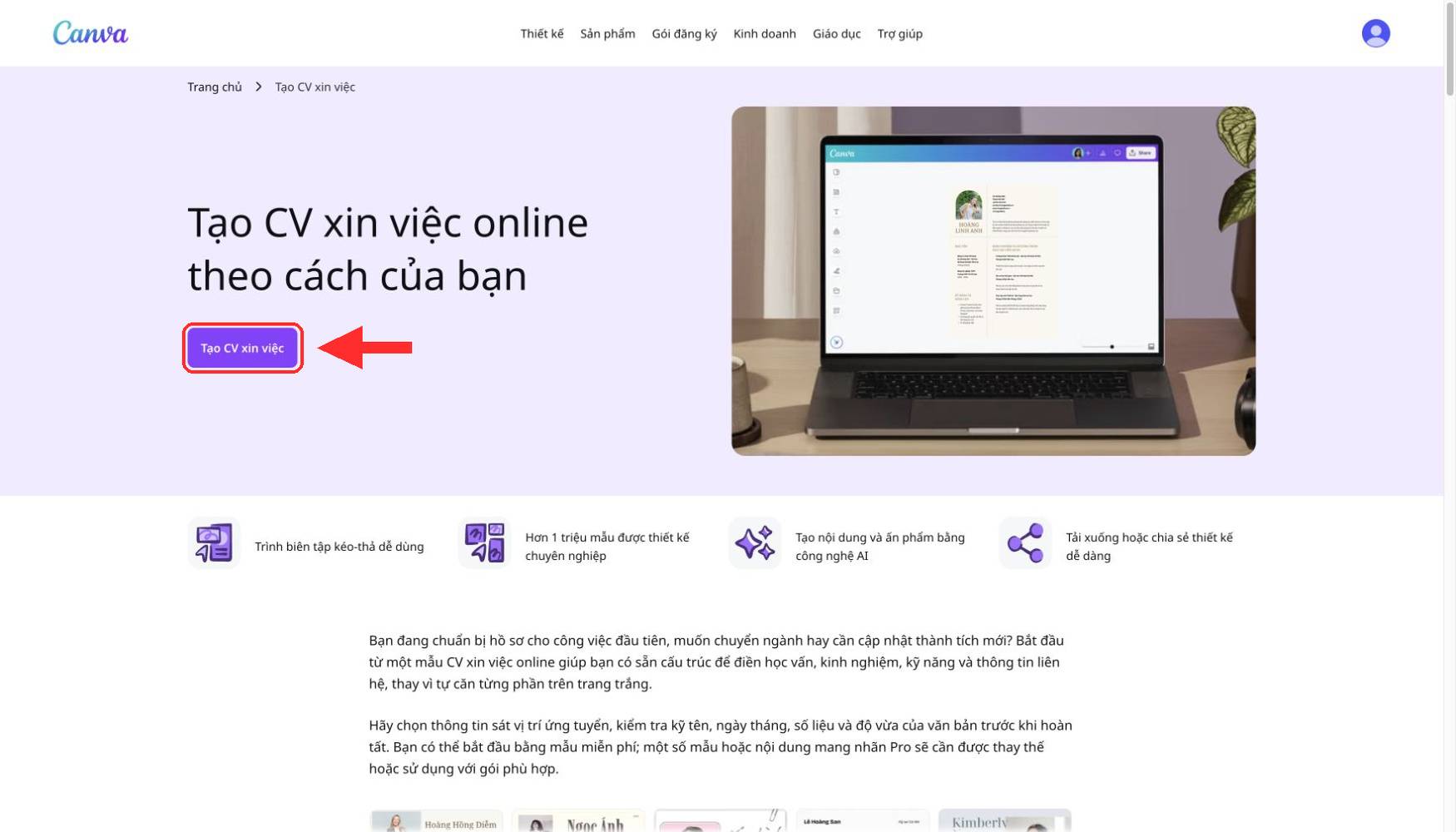 Mở trang tạo CV trên canva