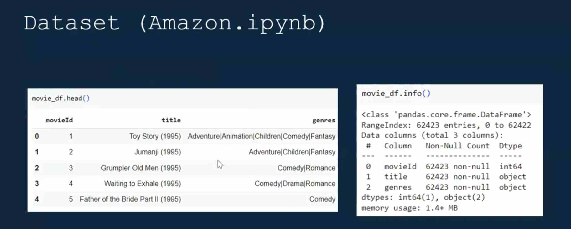 Bộ dữ liệu Amazon Movies Dataset gồm hai bảng  bảng thông tin phim (Movies) và bảng lịch sử đánh giá (Ratings)