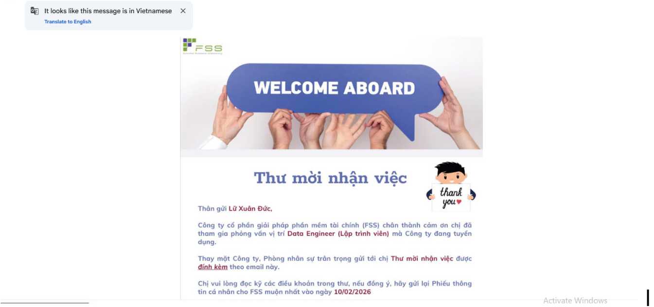 Học viên Lữ Xuân Đức nhận offer thử việc