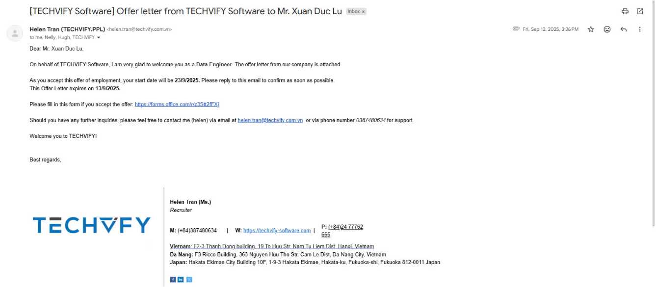 Học viên Lữ Xuân Đức nhận email thử việc