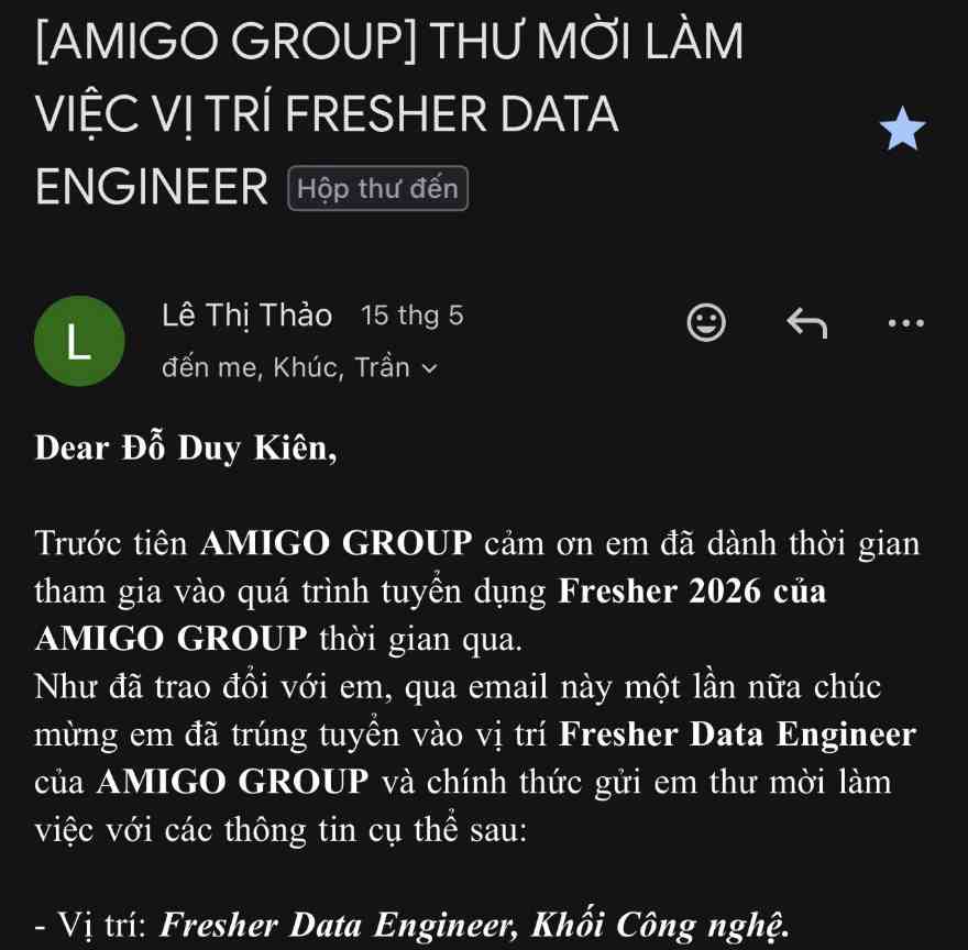 Học viên Lữ Xuân Đức nhận email thử việc